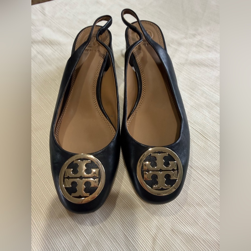 Tory Burch Black Leather Slingback Flats with Gold Logo